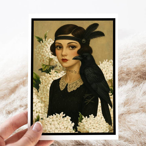 Flapper Girl with Crow Card - Greeting Card - Raven's Rest Studio