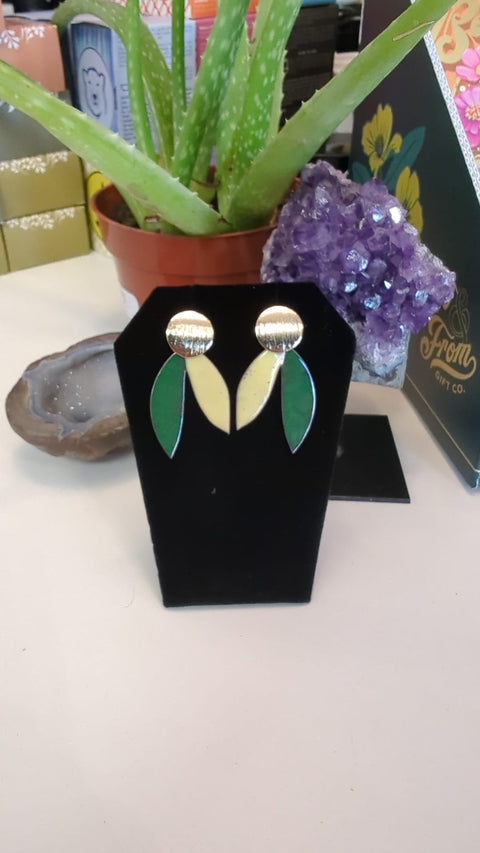 Green and Yellow Drooping Leaf Handmade Earrings - Jewelry - Cartouche Design