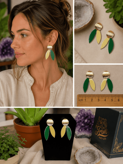 Green and Yellow Drooping Leaf Handmade Earrings - Jewelry - Cartouche Design