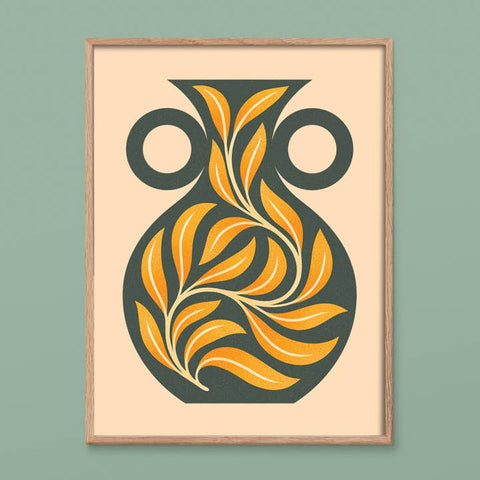 Green Vase Yellow Leaves Art Print - Art Print - Julie Solvstrom Illustration